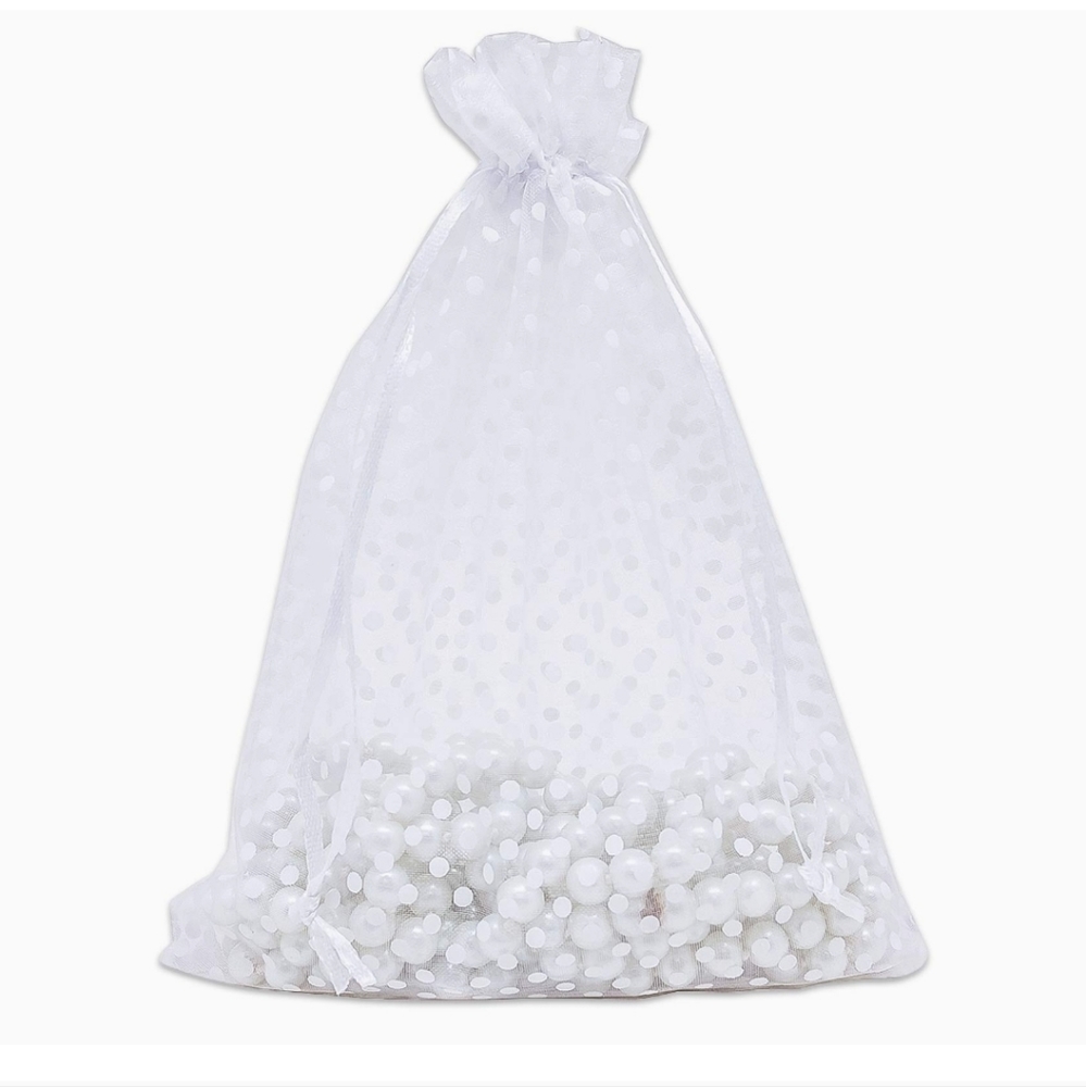 ✅️15 ct  6x8 Sheer Organza Bags with Drawstring  - Polka Dot - White/White